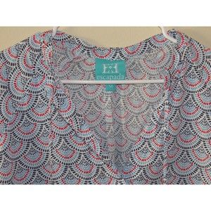Escapada Womens Medium Top Blue Red & White Scalloped Design V Neck Hi Lo